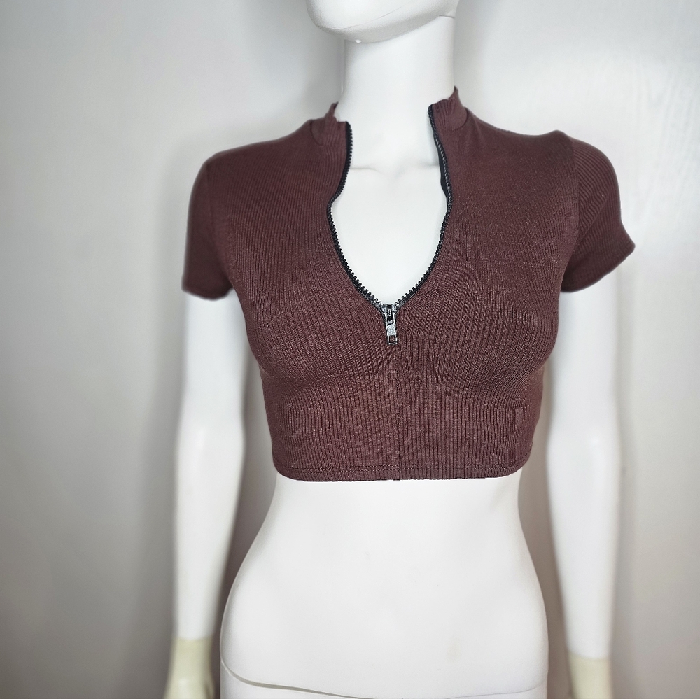 NWT Fashion Nova Women's Brown Zip-Up Crop Top Size SM